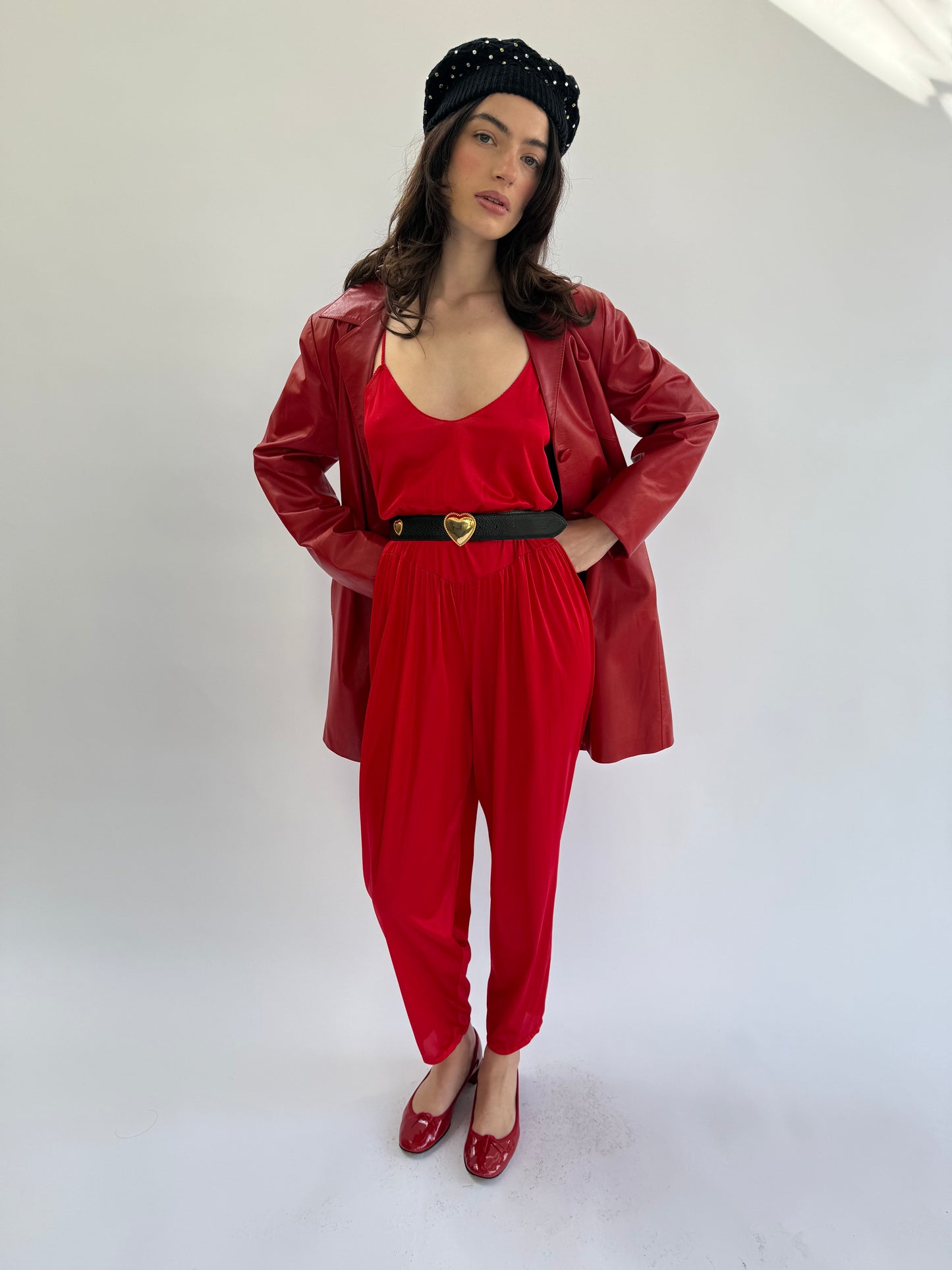 1970s Featherbed New York Red Nylon Rope Trimmed Jumpsuit