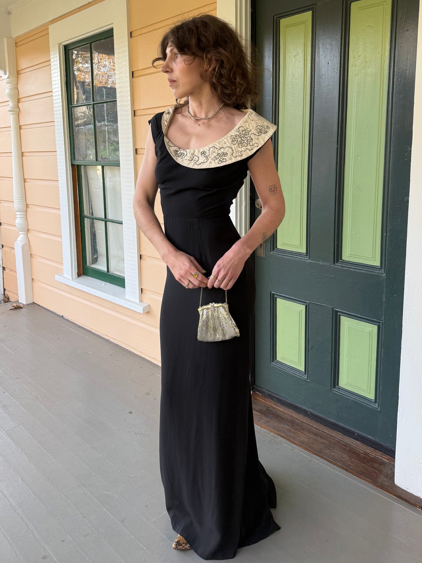 1940s Rhinestone Cowl Neck Black Rayon Structural Evening Gown