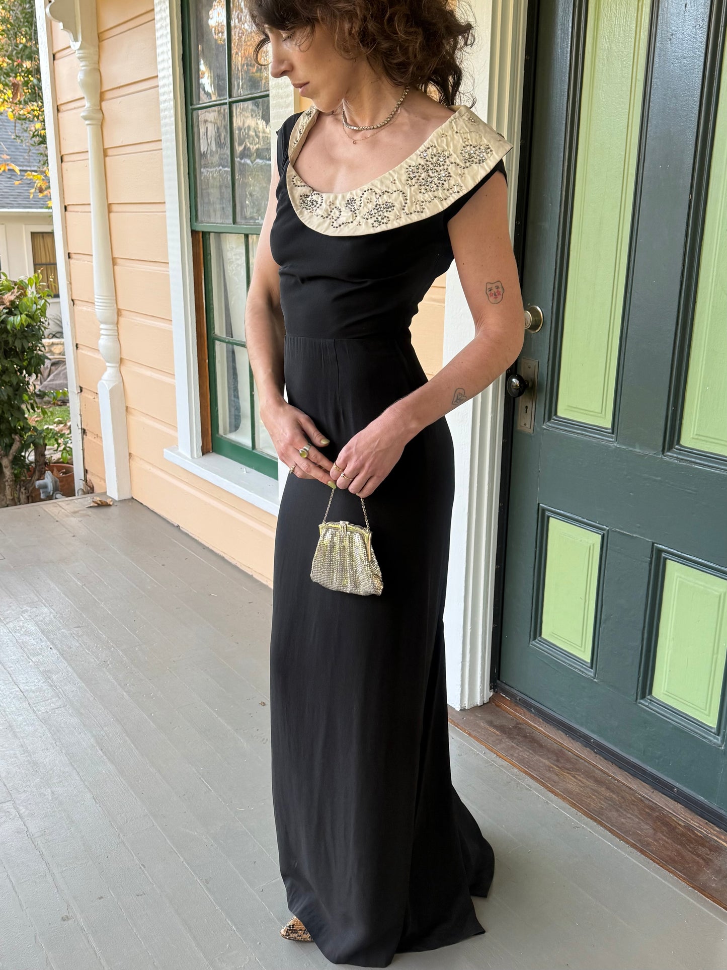 1940s Rhinestone Cowl Neck Black Rayon Structural Evening Gown