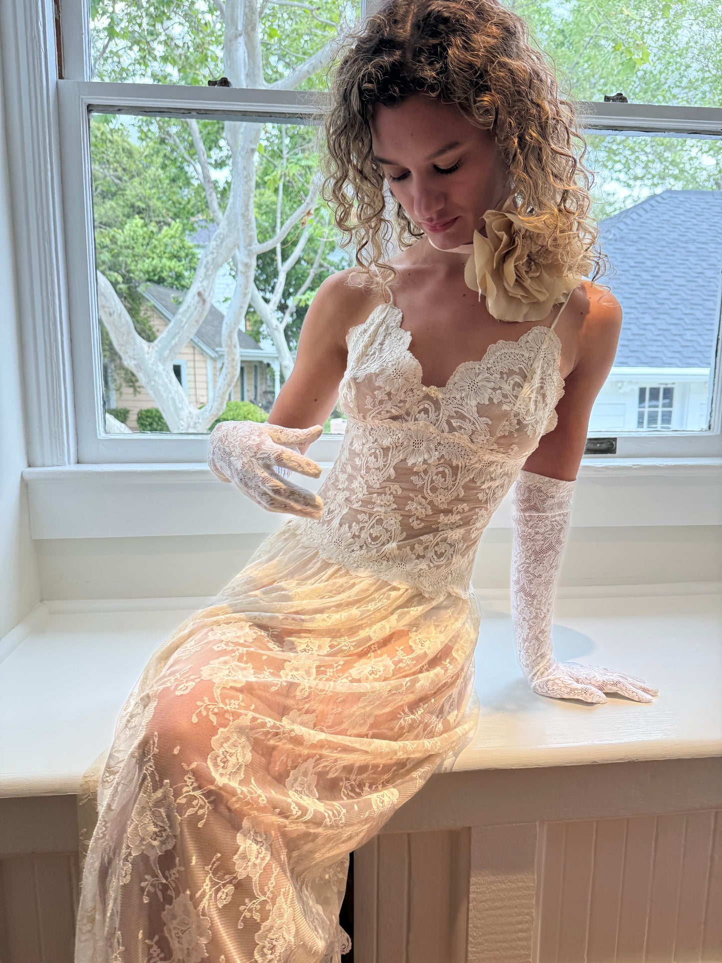 1990s Vintage Off White Full Lace Slip Dress with Rosette