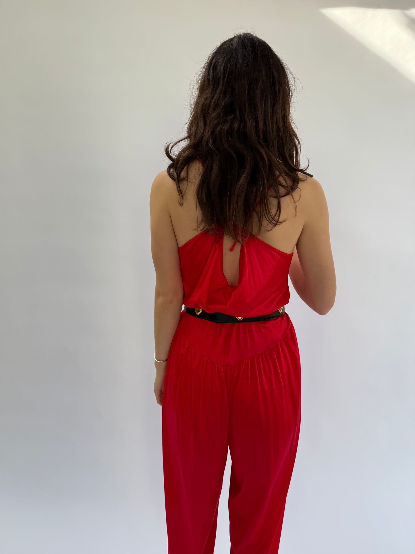 1970s Featherbed New York Red Nylon Rope Trimmed Jumpsuit