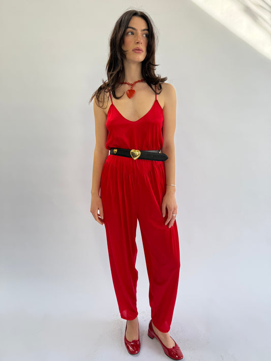 1970s Featherbed New York Red Nylon Rope Trimmed Jumpsuit