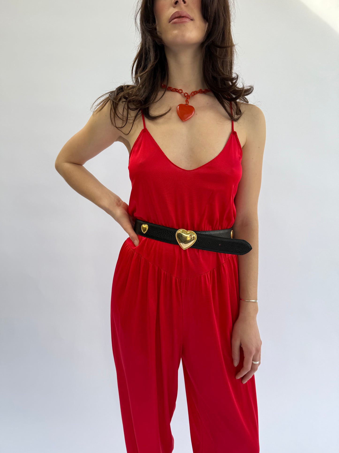 1970s Featherbed New York Red Nylon Rope Trimmed Jumpsuit