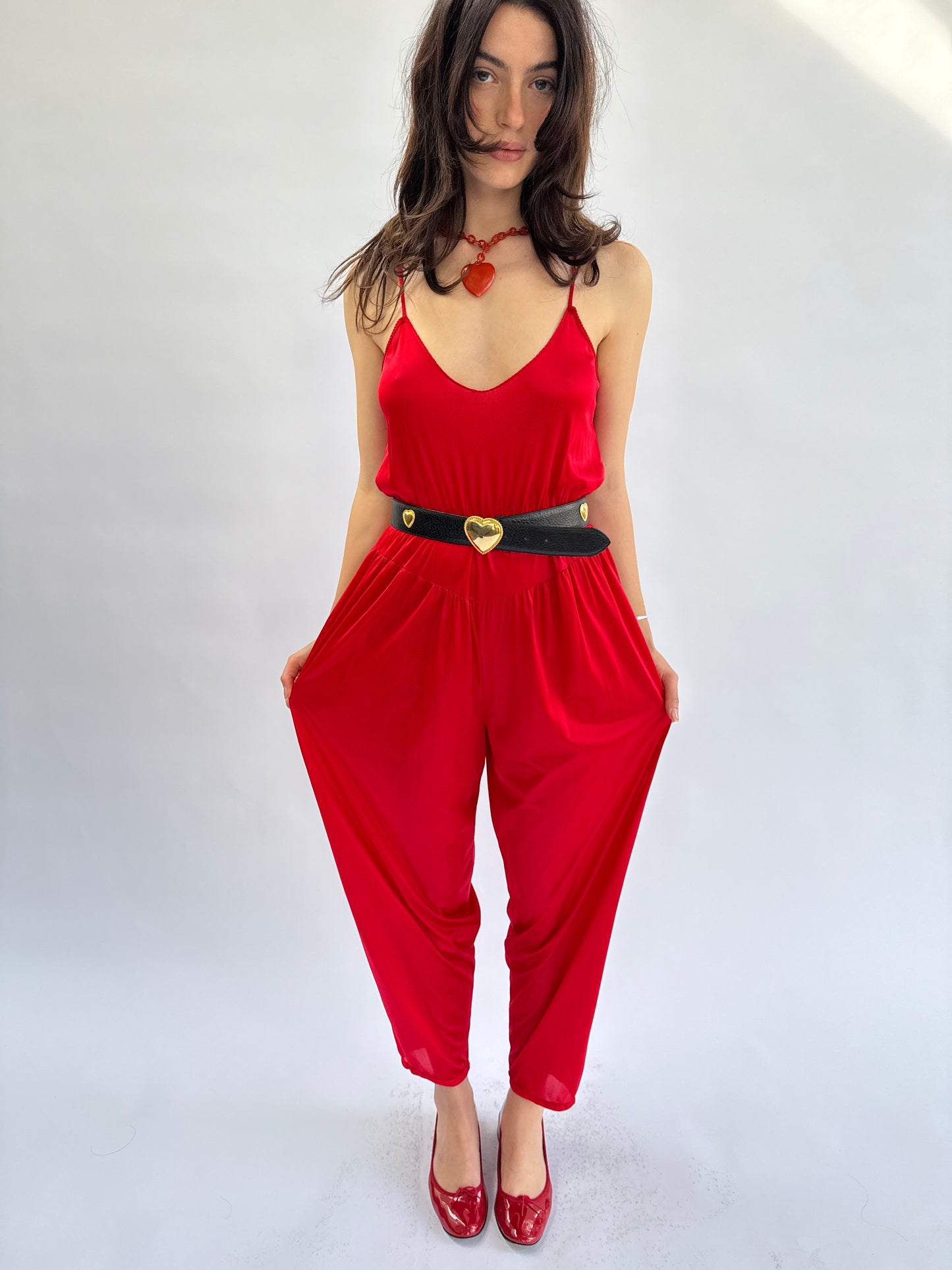 1970s Featherbed New York Red Nylon Rope Trimmed Jumpsuit
