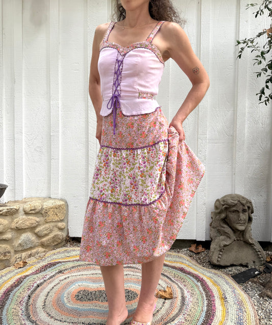 1970s German Corset Floral Cotton Dress
