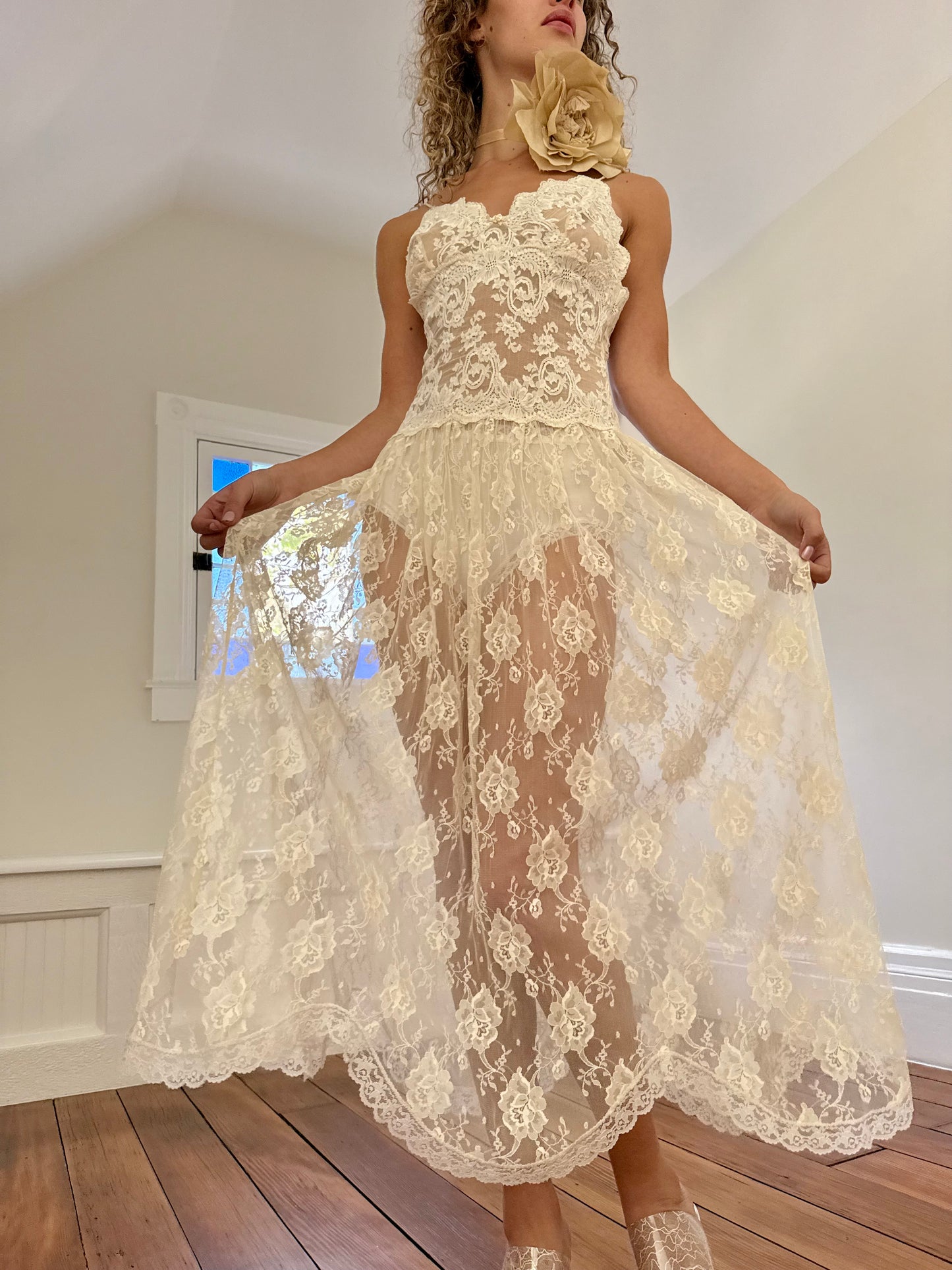 1990s Vintage Off White Full Lace Slip Dress with Rosette