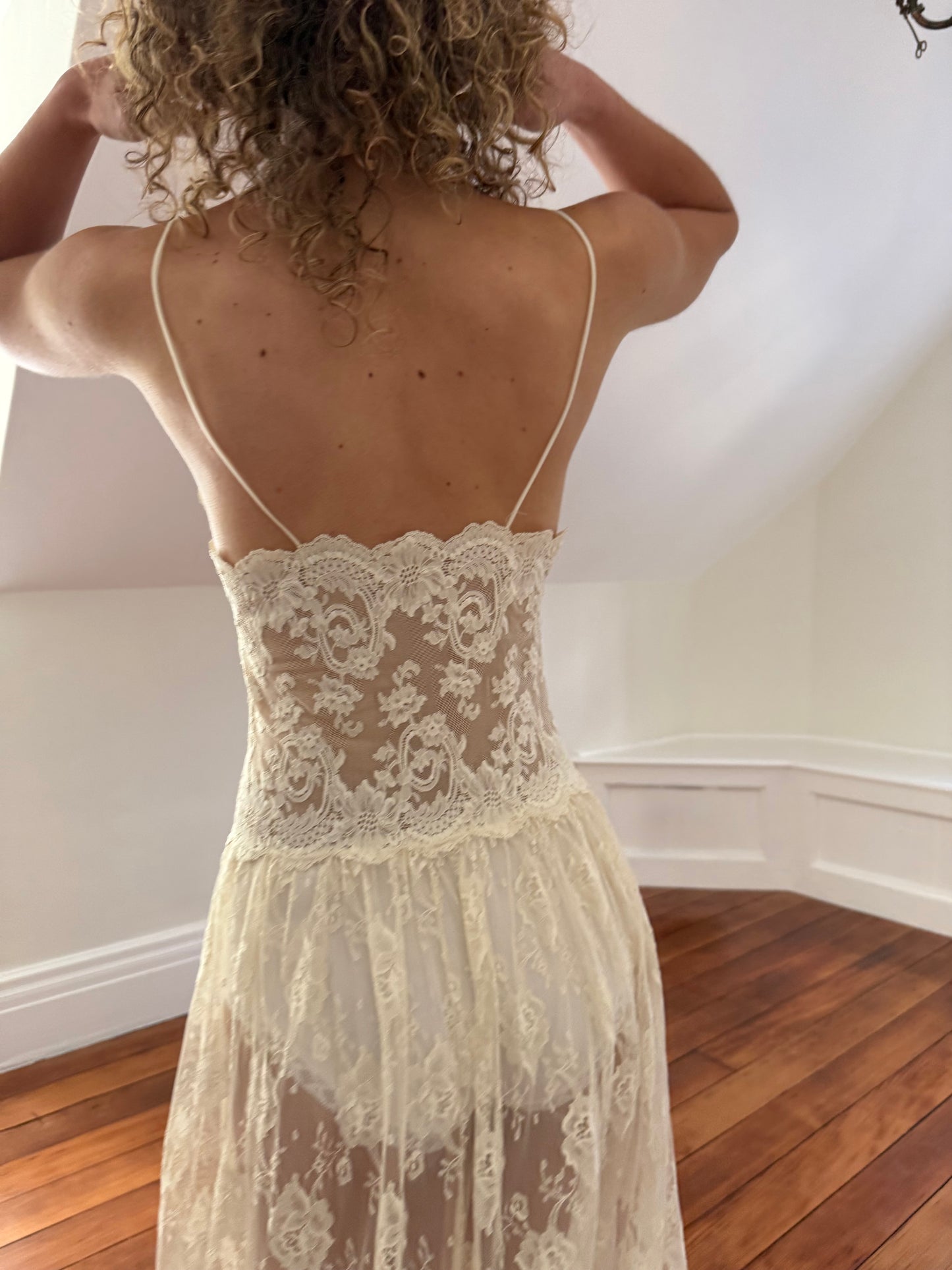 1990s Vintage Off White Full Lace Slip Dress with Rosette