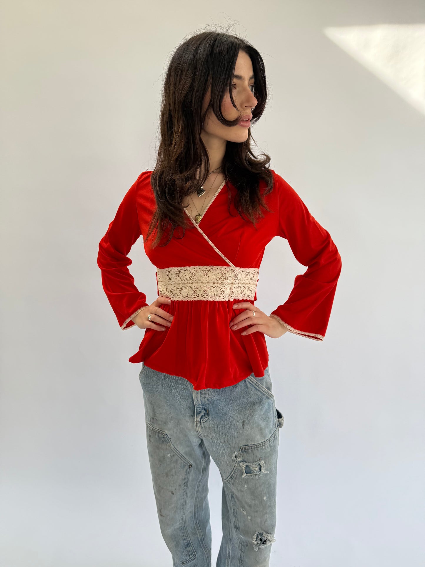 1970s Red Crochet Lace Trimmed Wrap Top Bell Sleeve Blouse