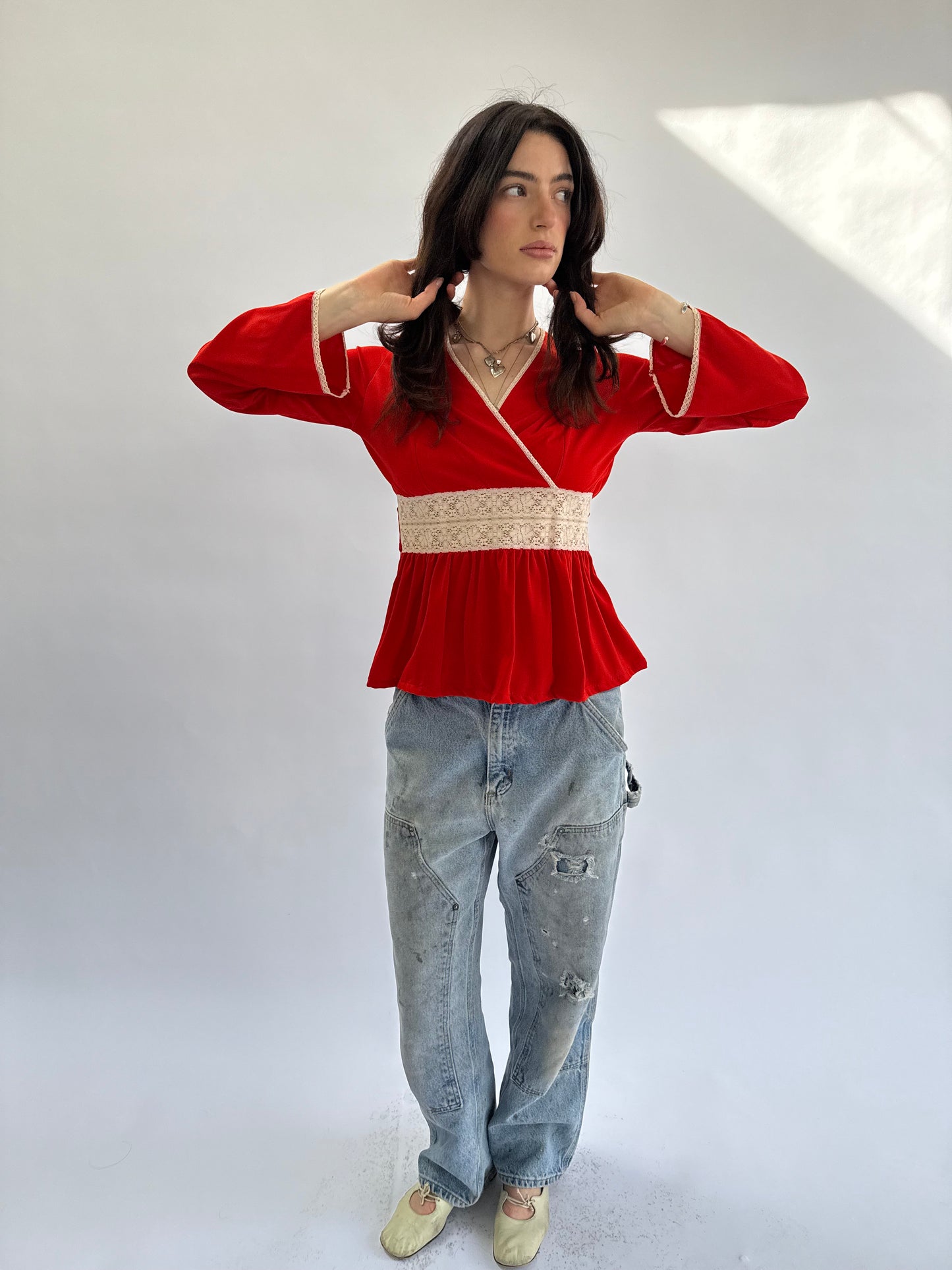 1970s Red Crochet Lace Trimmed Wrap Top Bell Sleeve Blouse