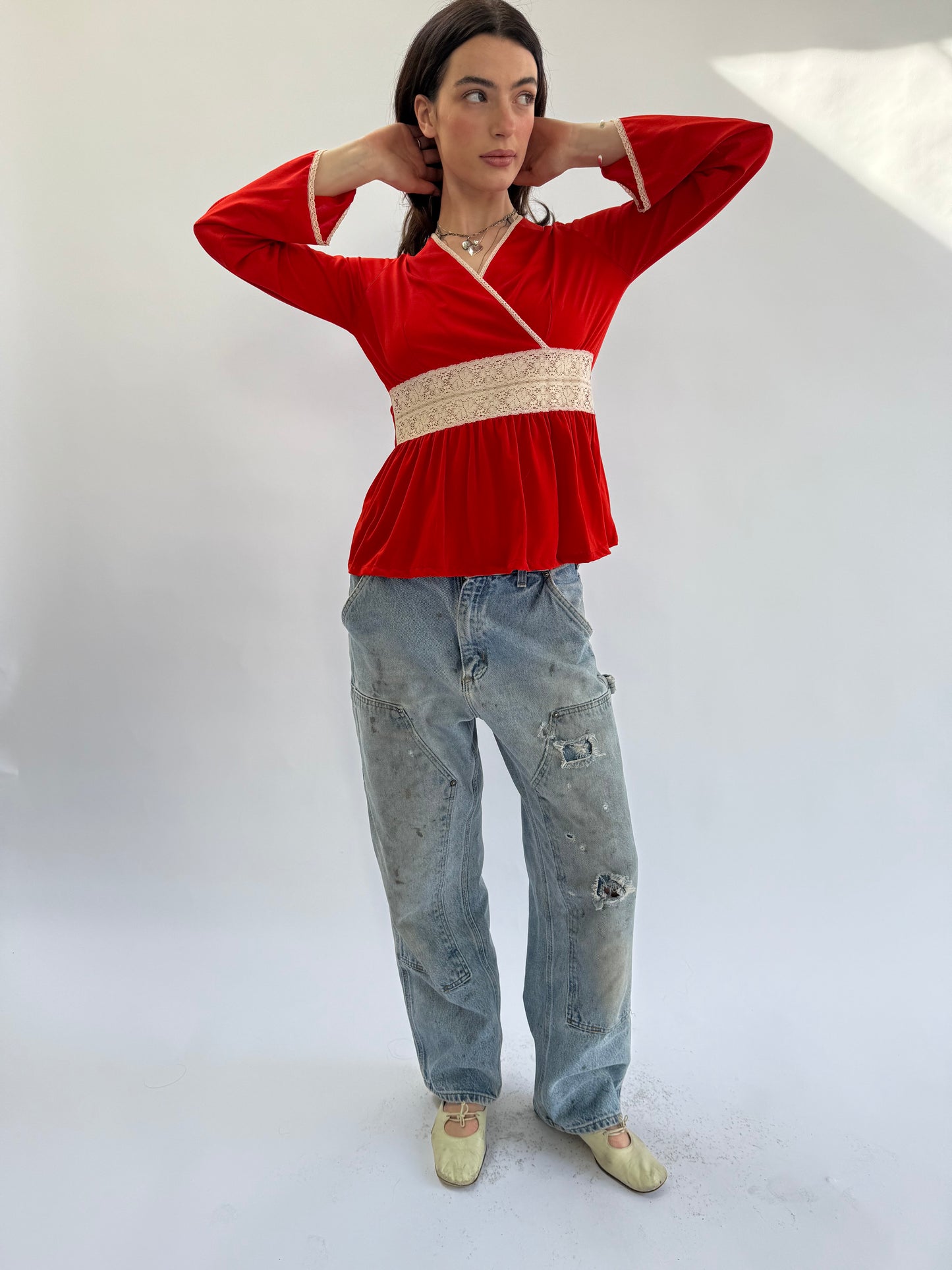 1970s Red Crochet Lace Trimmed Wrap Top Bell Sleeve Blouse