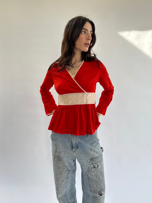1970s Red Crochet Lace Trimmed Wrap Top Bell Sleeve Blouse