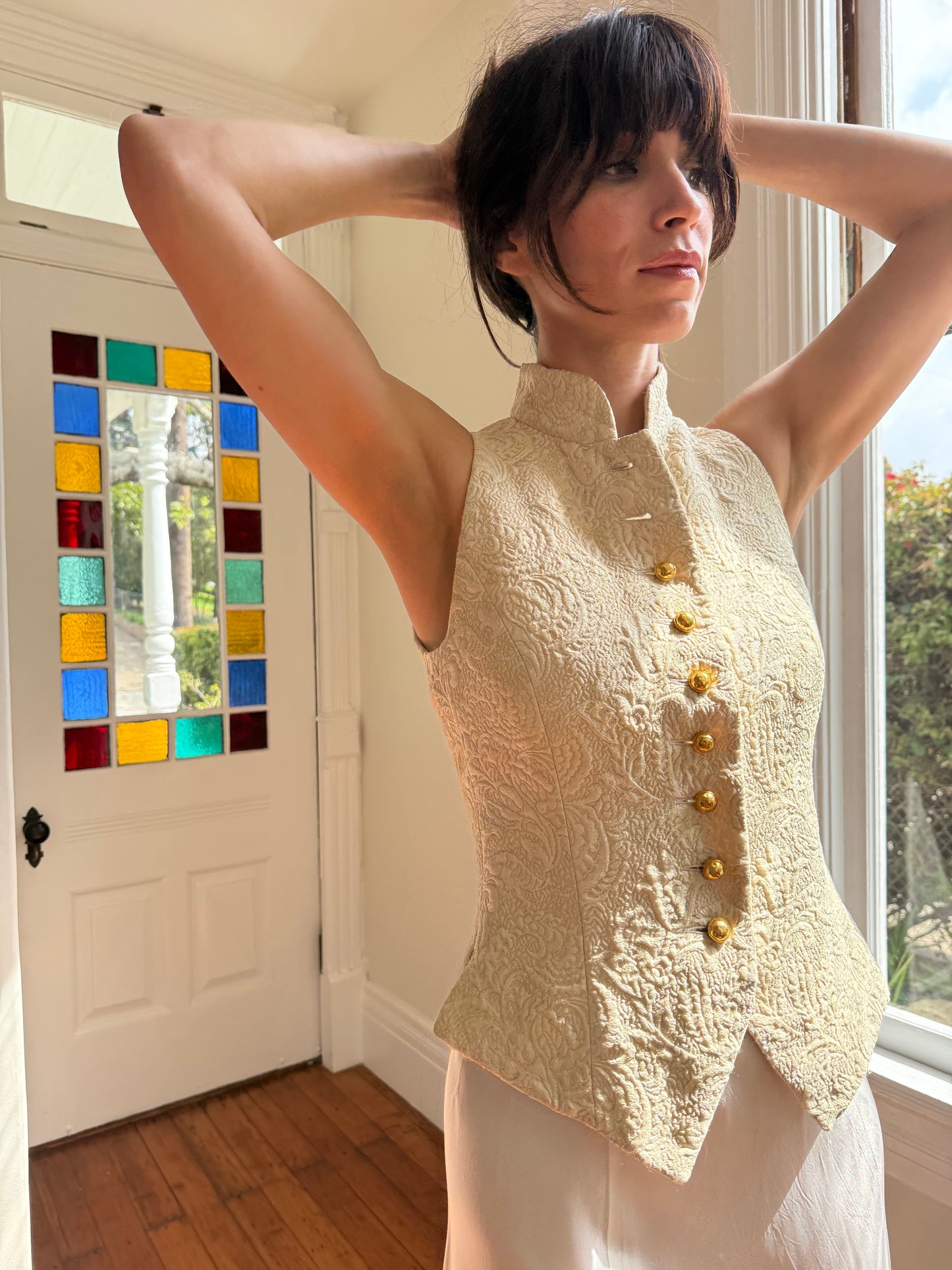 Vintage 70s 80s Celine Structured Button Front Gold Jacquard Vest