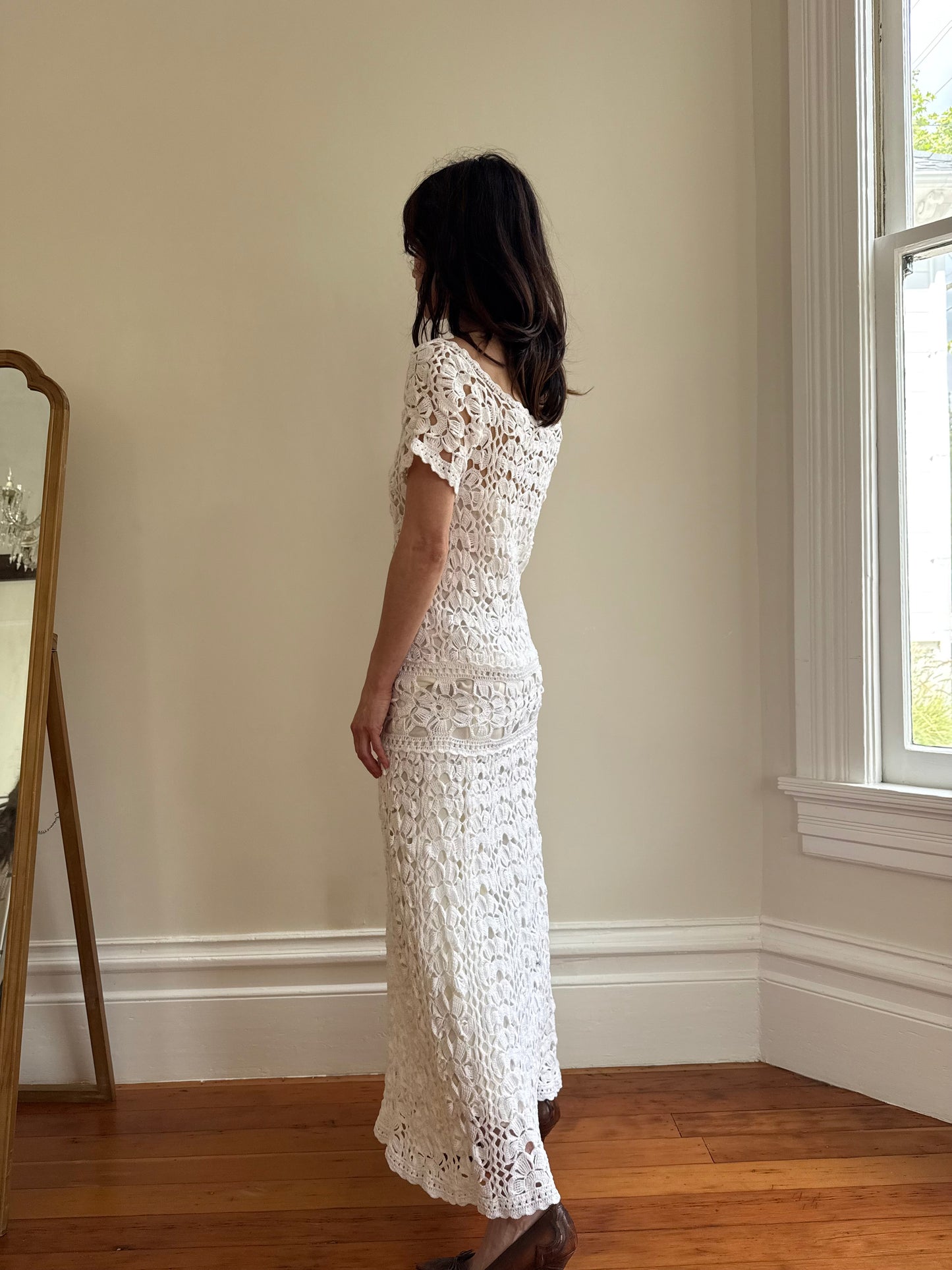 1970s Handmade White Crochet Open Knit Dropped Waist Dress