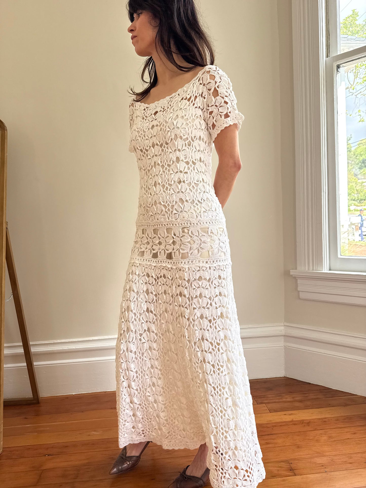 1970s Handmade White Crochet Open Knit Dropped Waist Dress