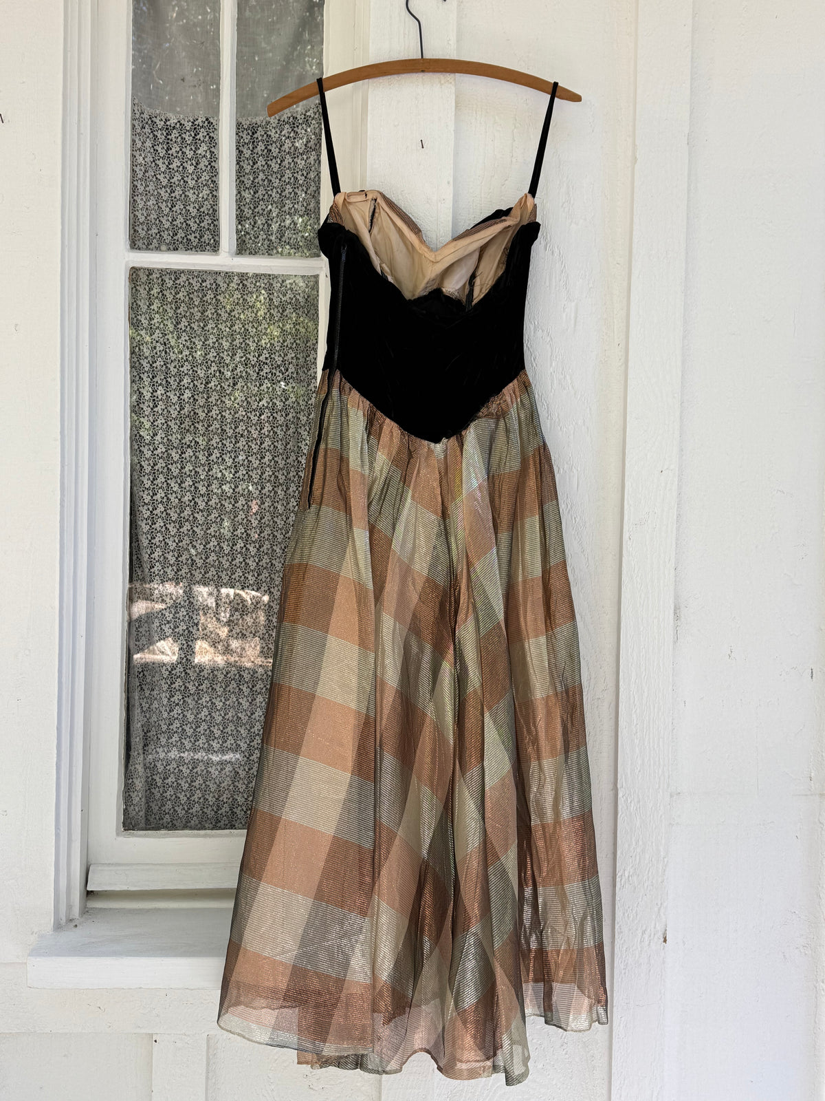 1950s Velvet and Plaid Lamé Evening Gown
