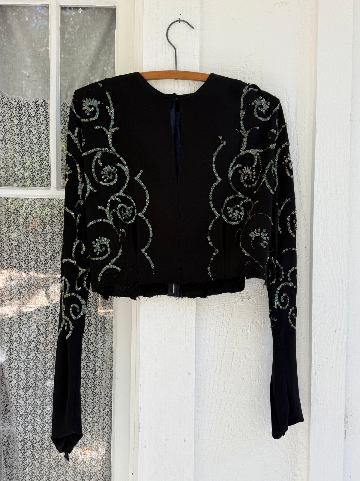 1940s Black Crepe Blouse with Gelatin Sequin Swirls