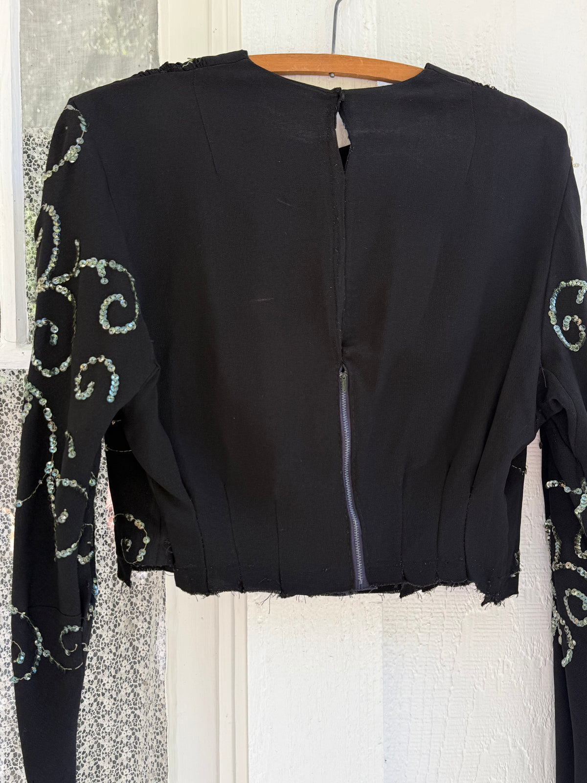 1940s Black Crepe Blouse with Gelatin Sequin Swirls