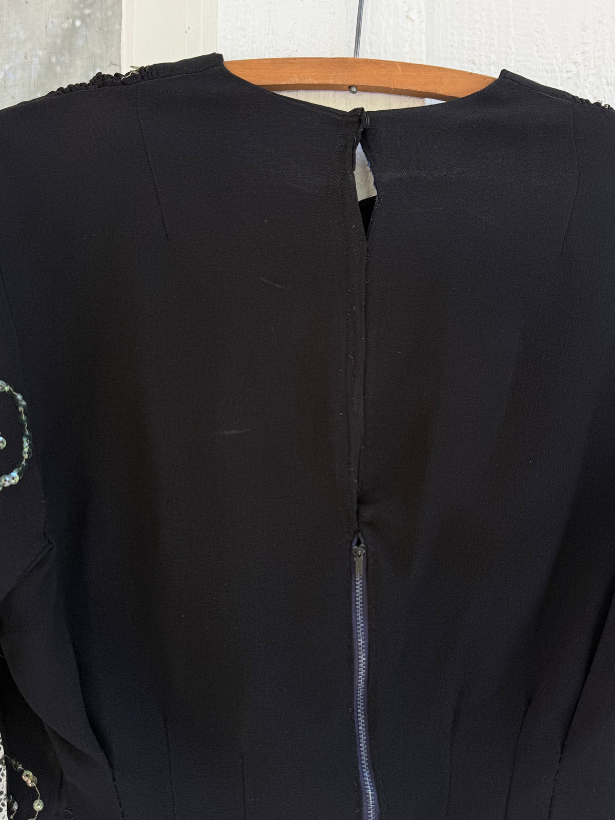 1940s Black Crepe Blouse with Gelatin Sequin Swirls