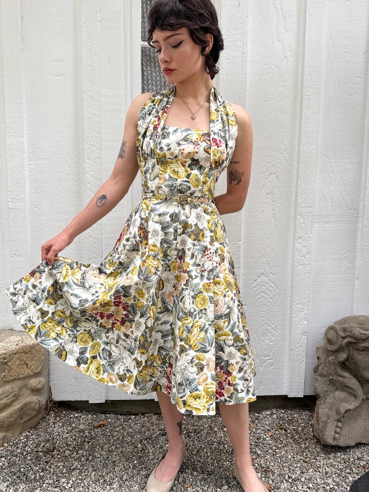 1950s Floral Cotton Halter Swing Dress with Sequins