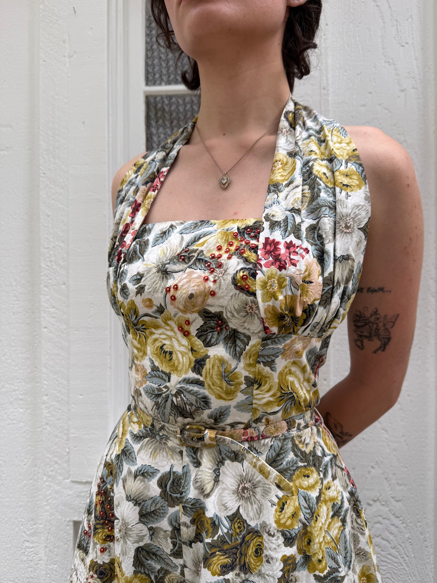 1950s Floral Cotton Halter Swing Dress with Sequins