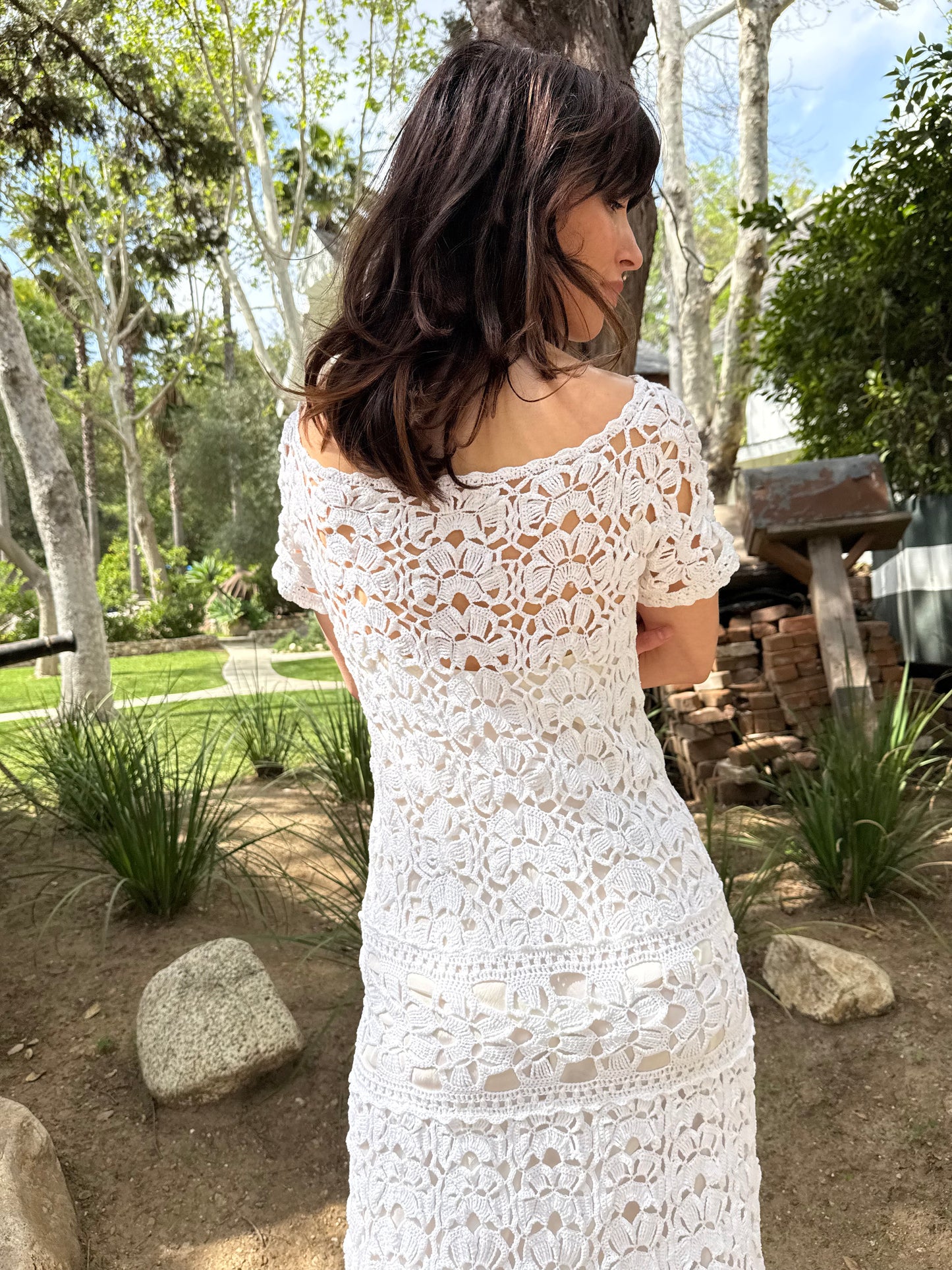 1970s Handmade White Crochet Open Knit Dropped Waist Dress