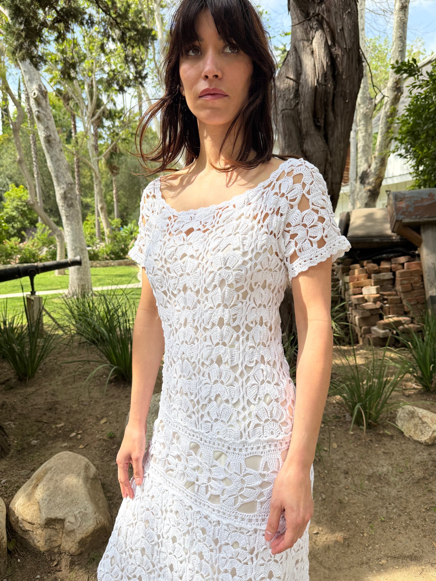 1970s Handmade White Crochet Open Knit Dropped Waist Dress