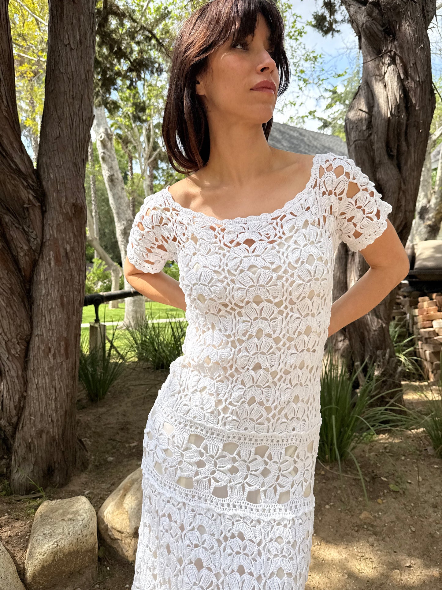 1970s Handmade White Crochet Open Knit Dropped Waist Dress