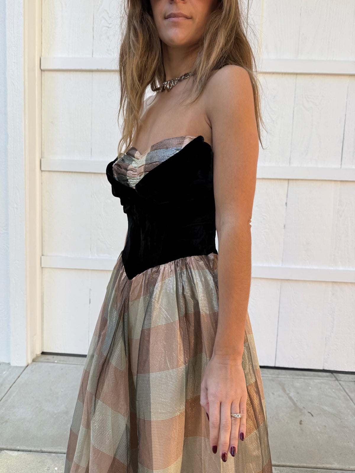 1950s Velvet and Plaid Lamé Evening Gown