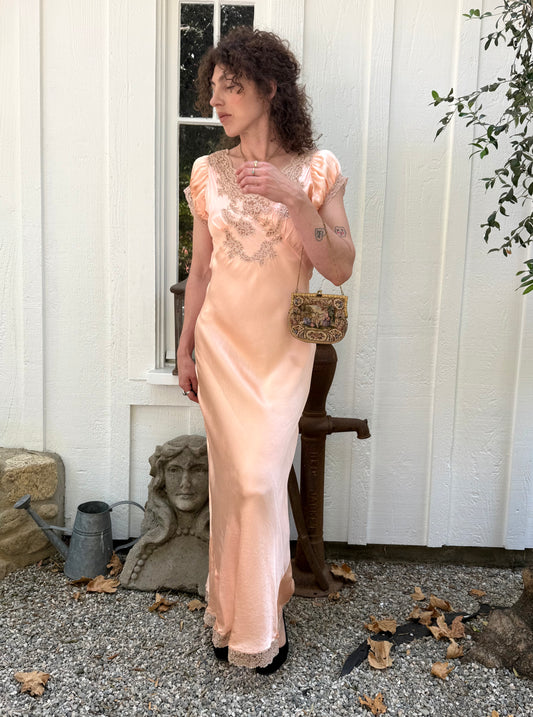 1930s NRA Label Soft Peach Silk Lace Trimmed Slip Dress