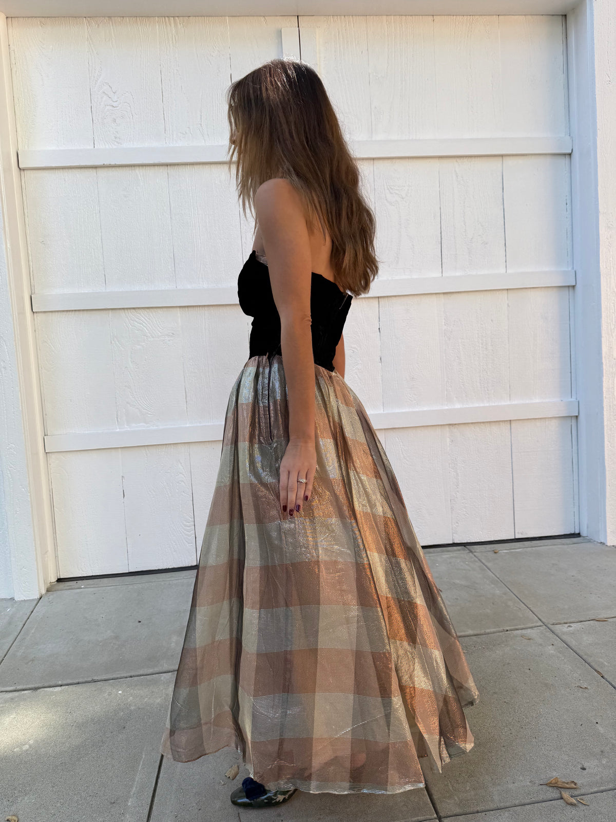 1950s Velvet and Plaid Lamé Evening Gown