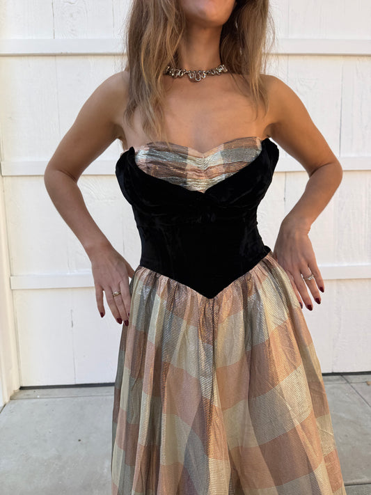 1950s Velvet and Plaid Lamé Evening Gown