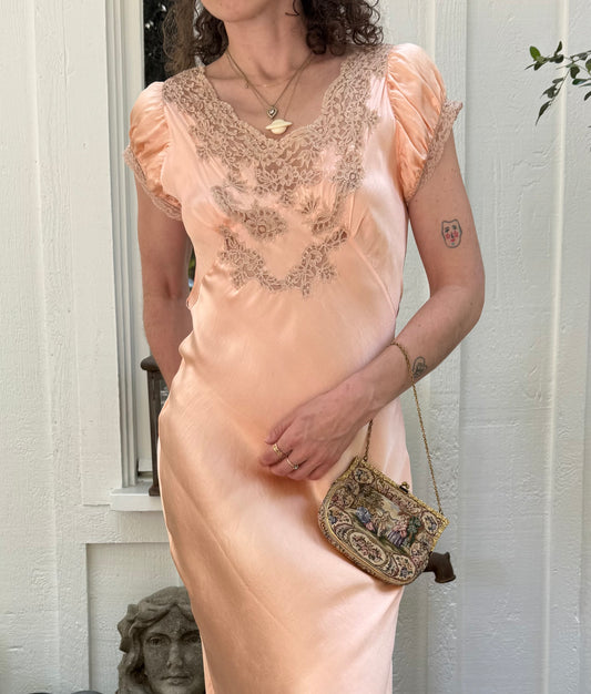 1930s NRA Label Soft Peach Silk Lace Trimmed Slip Dress