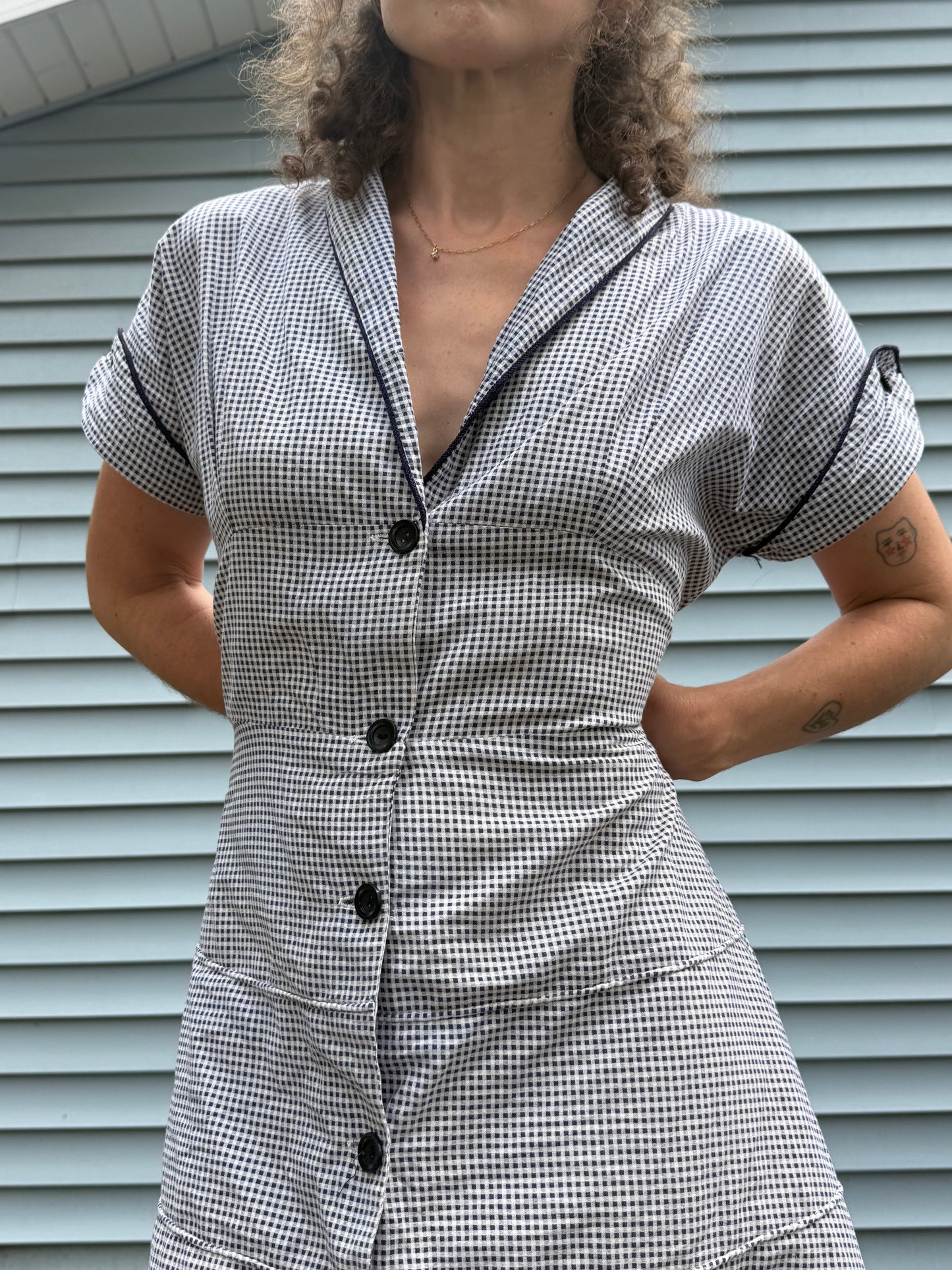 1940s Tiered Gingham Cotton Button Front Work Dress