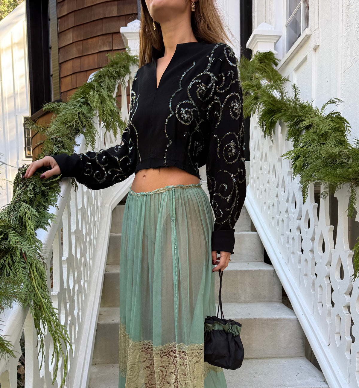 1940s Black Crepe Blouse with Gelatin Sequin Swirls