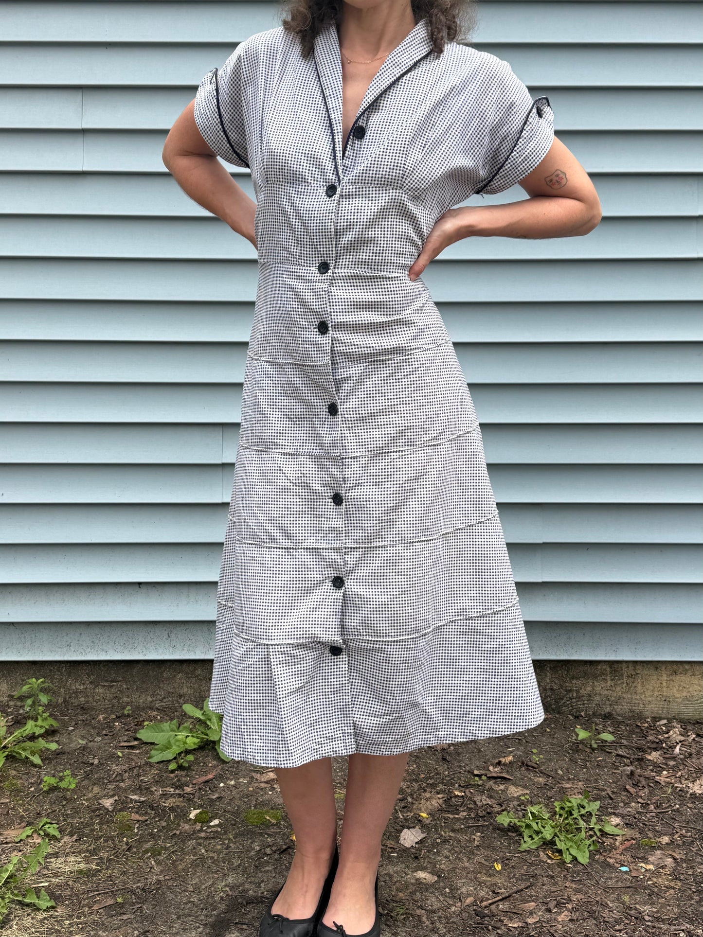1940s Tiered Gingham Cotton Button Front Work Dress
