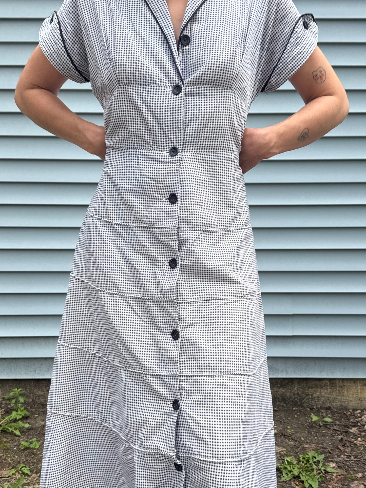 1940s Tiered Gingham Cotton Button Front Work Dress