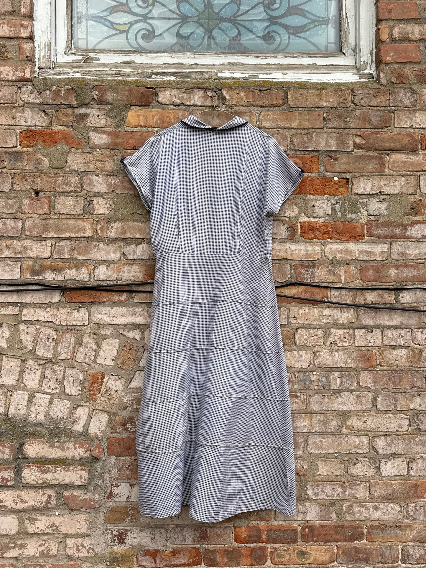 1940s Tiered Gingham Cotton Button Front Work Dress