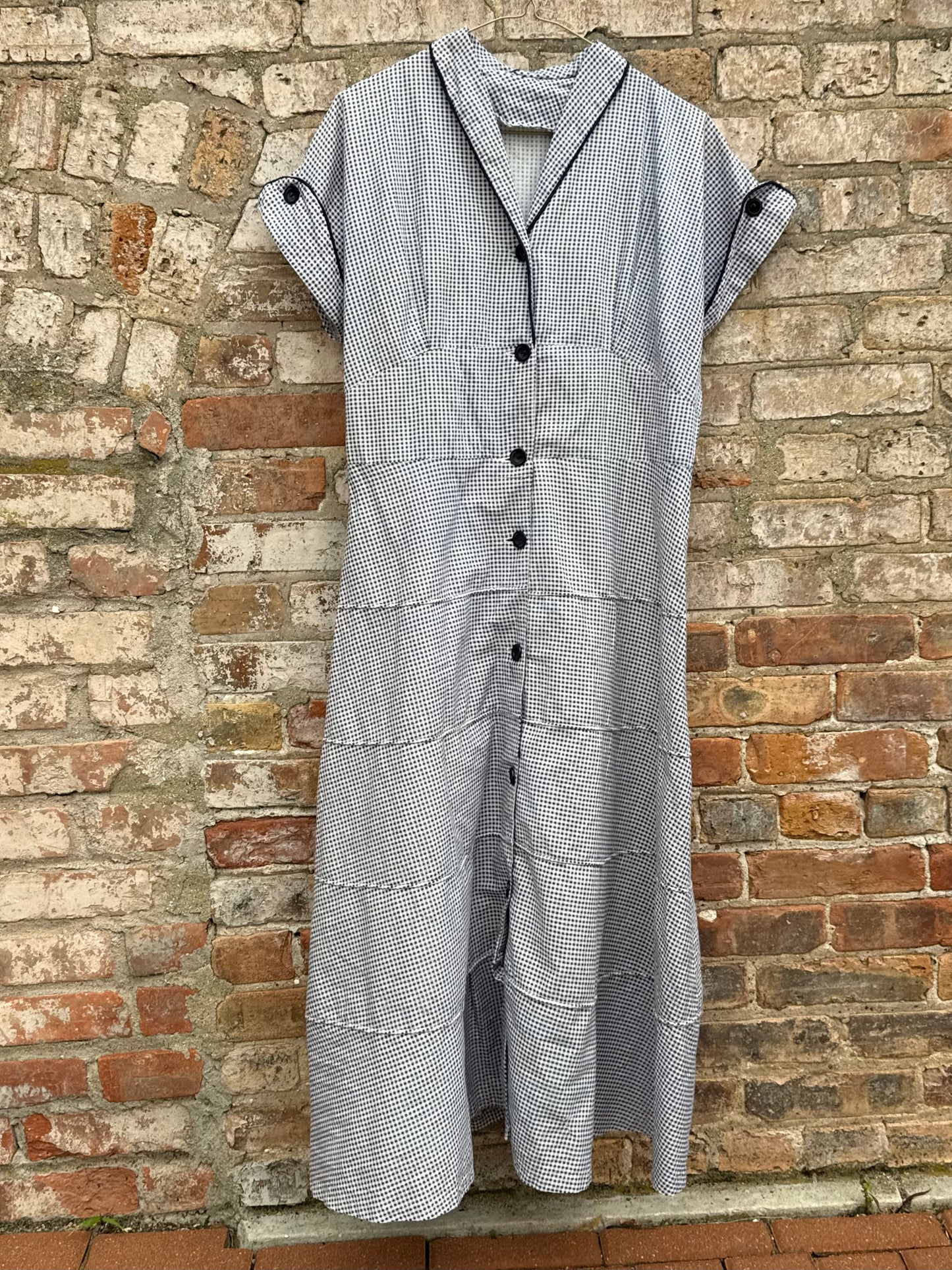 1940s Tiered Gingham Cotton Button Front Work Dress