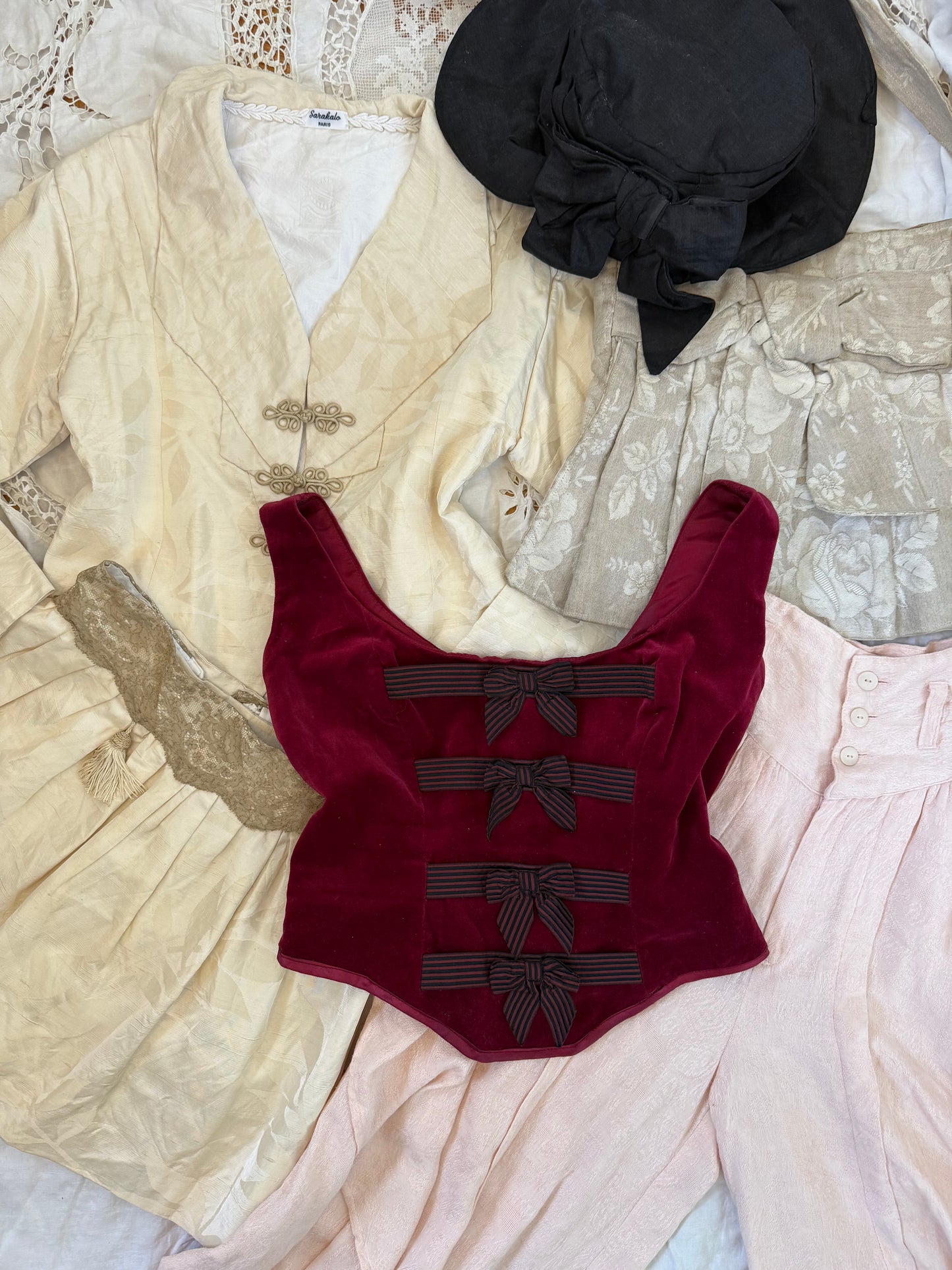 1990s Sarakalo Paris Handmade Deep Red Velvet Bodice with Bows M