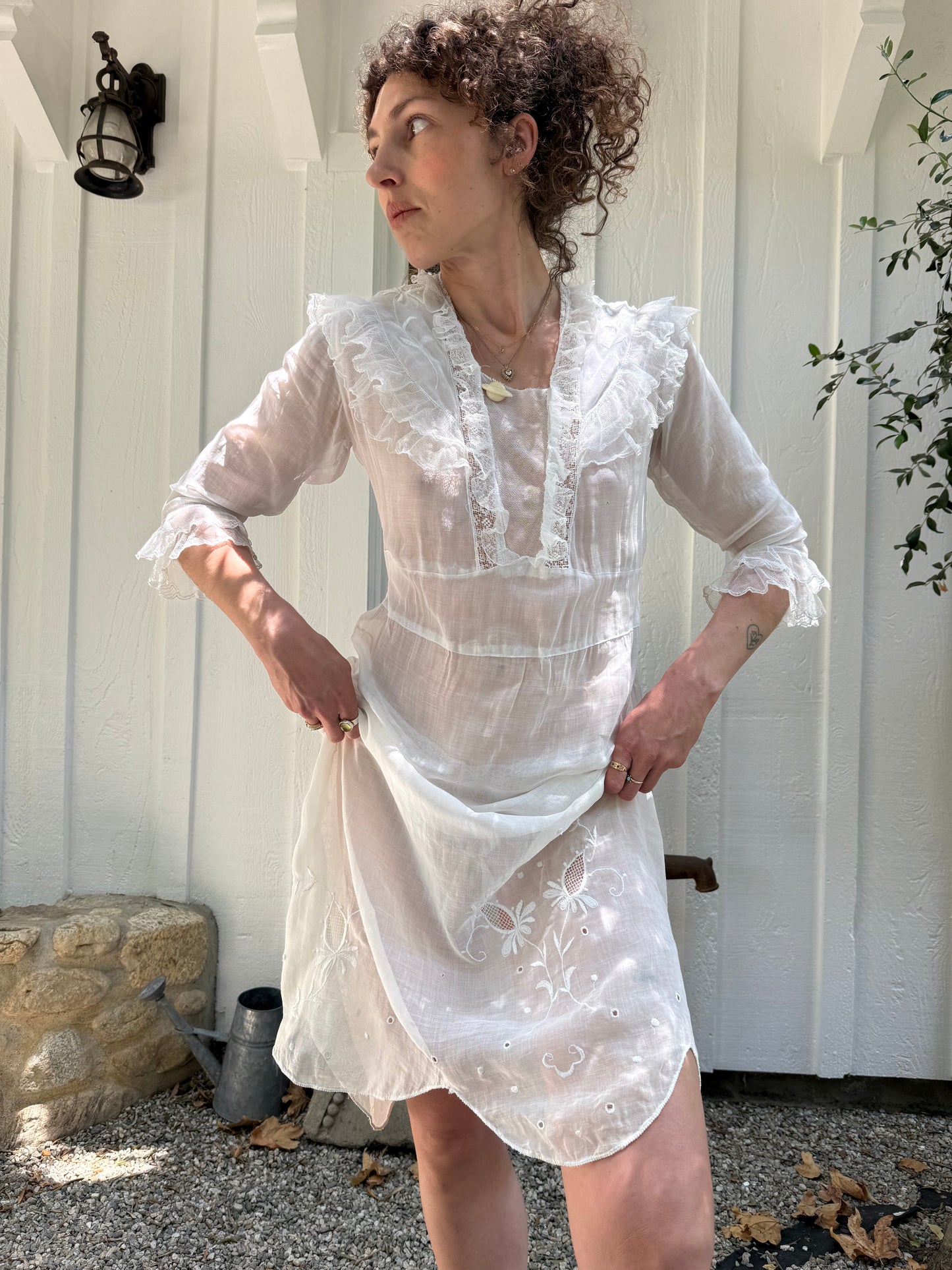 Victorian Cotton White Sheer Lace Trim Ruffle Day Dress