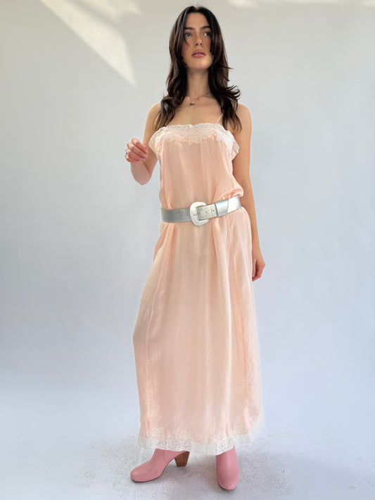 1920s Pink Rayon Silk Lace Trimmed Billowy Column Slip Dress