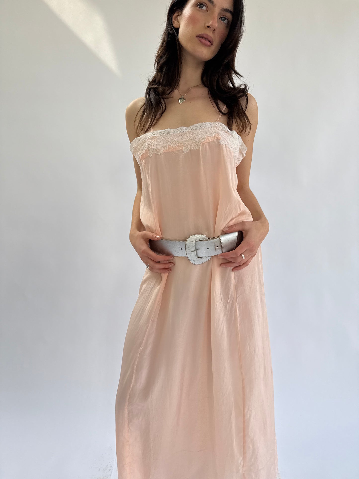 1920s Pink Rayon Silk Lace Trimmed Billowy Column Slip Dress