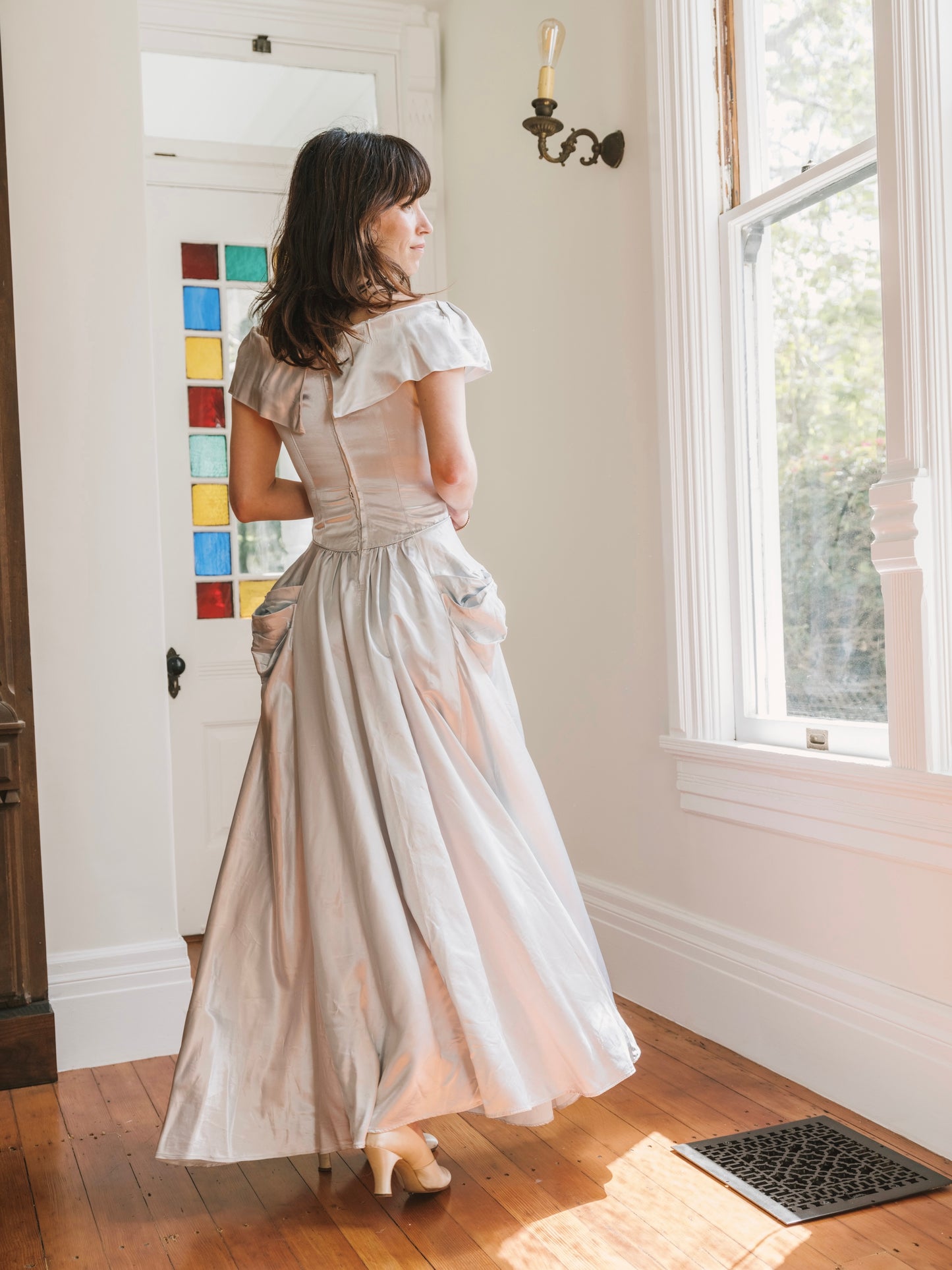 1940s Icy Blue Silk Satin Off Shoulder Gown with Draped Bow Hips As-Is