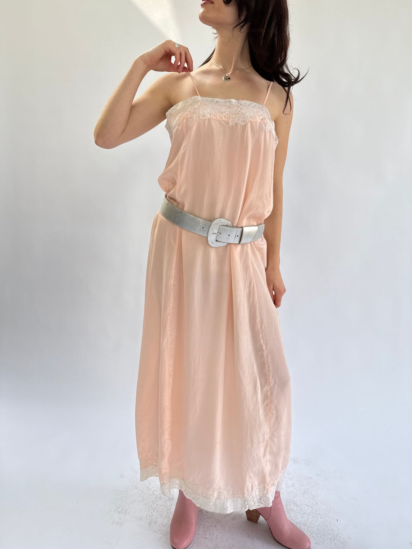 1920s Pink Rayon Silk Lace Trimmed Billowy Column Slip Dress