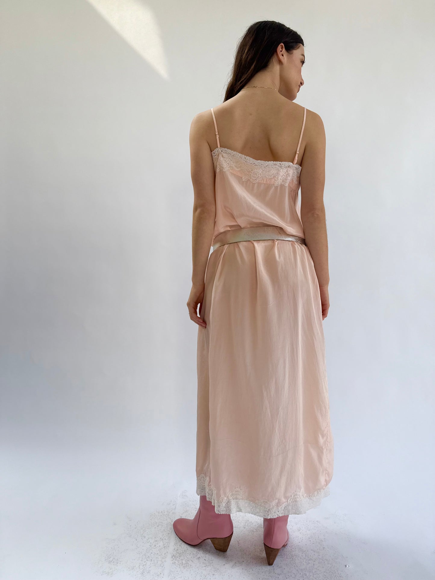 1920s Pink Rayon Silk Lace Trimmed Billowy Column Slip Dress