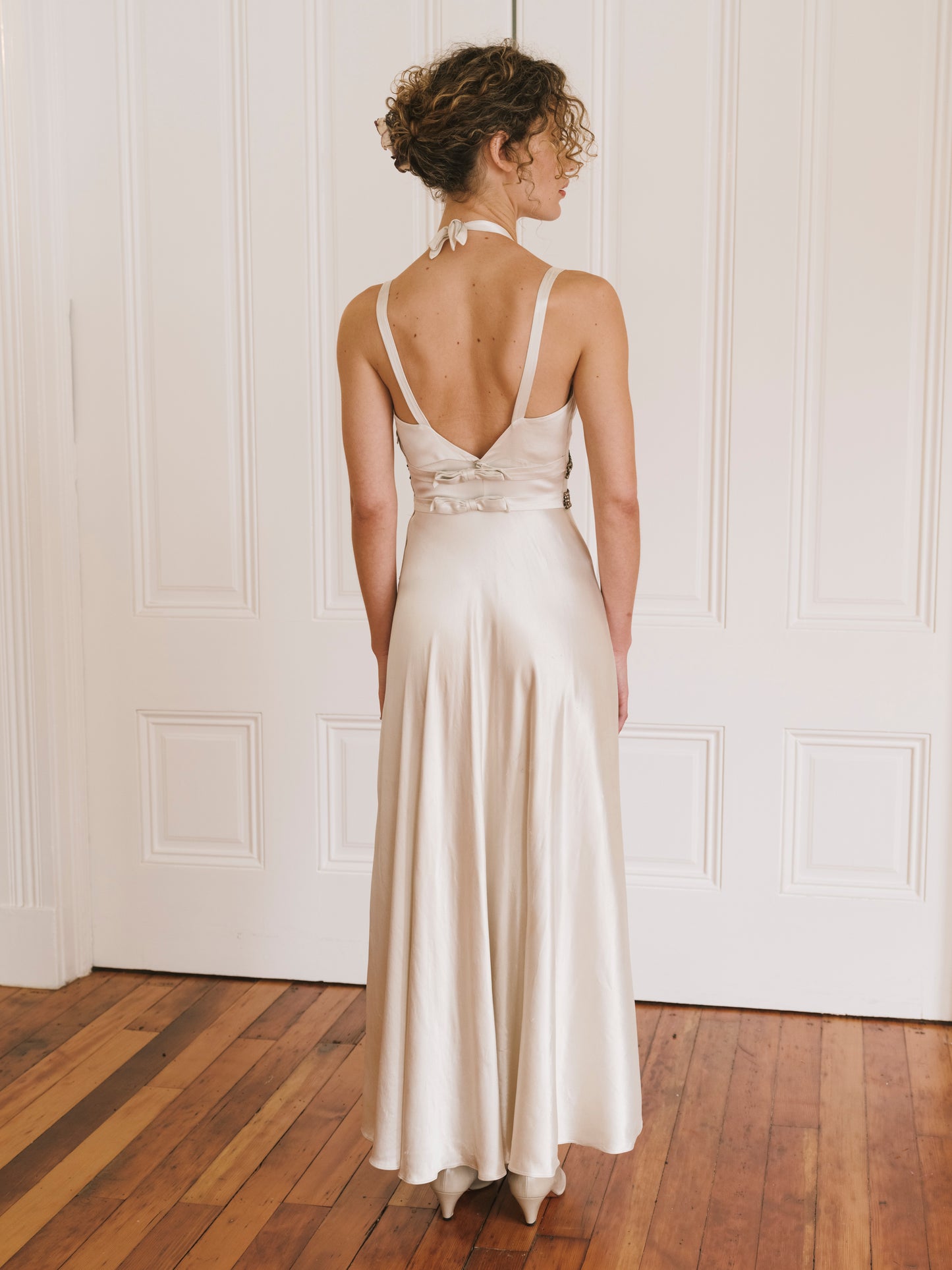 1930s Silk Satin Gown with Rhinestone Trim and Bows