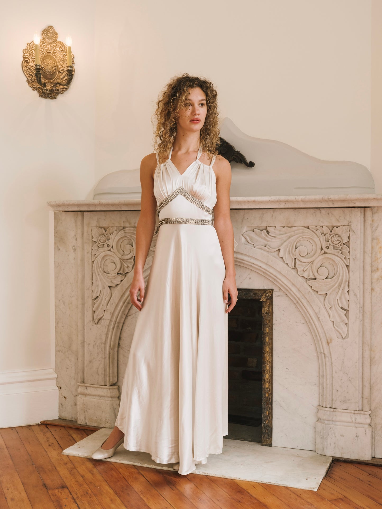1930s Silk Satin Gown with Rhinestone Trim and Bows