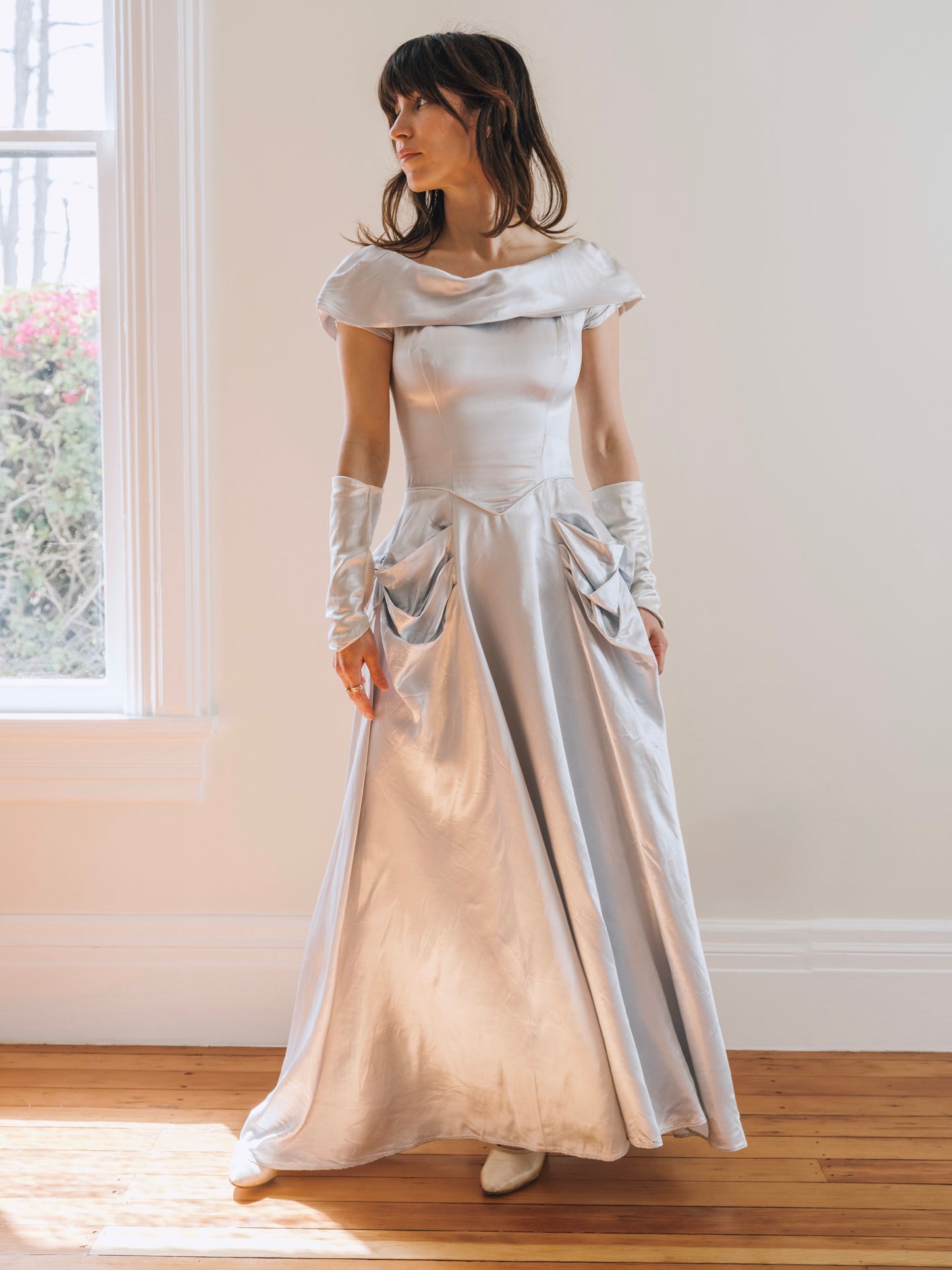 1940s Icy Blue Silk Satin Off Shoulder Gown with Draped Bow Hips As-Is