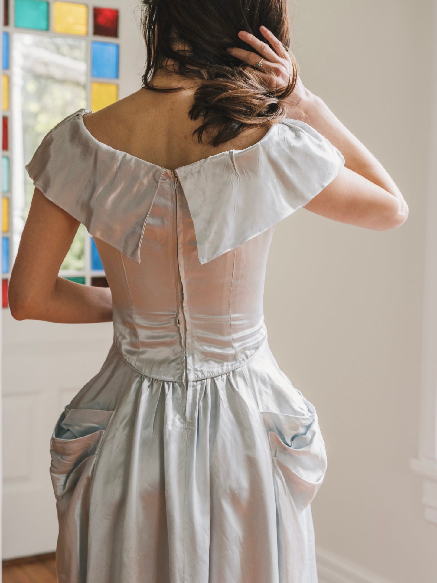1940s Icy Blue Silk Satin Off Shoulder Gown with Draped Bow Hips As-Is