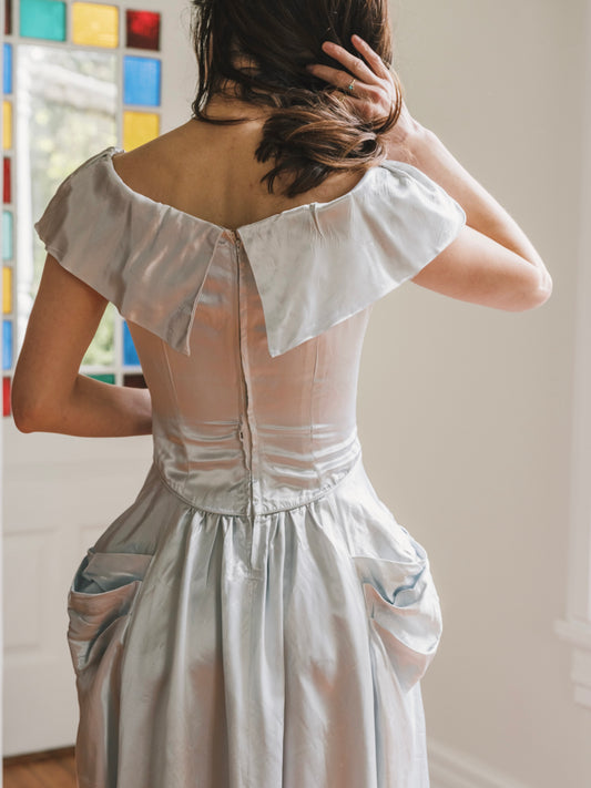 1940s Icy Blue Silk Satin Off Shoulder Gown with Draped Bow Hips As-Is